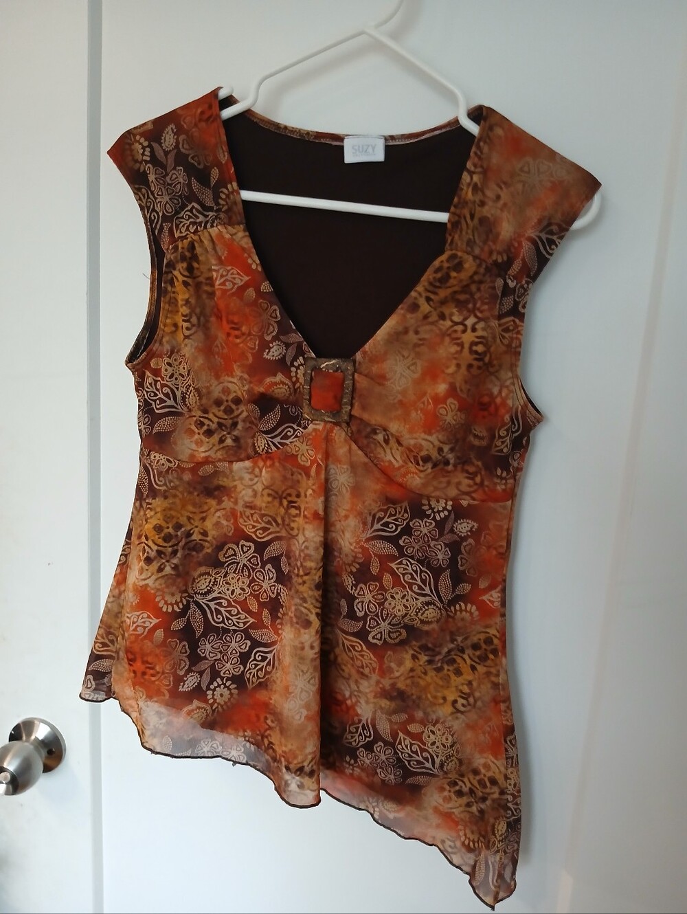 Vintage V-Neck Sleeveless Blouse in Burnt Orange and Brown